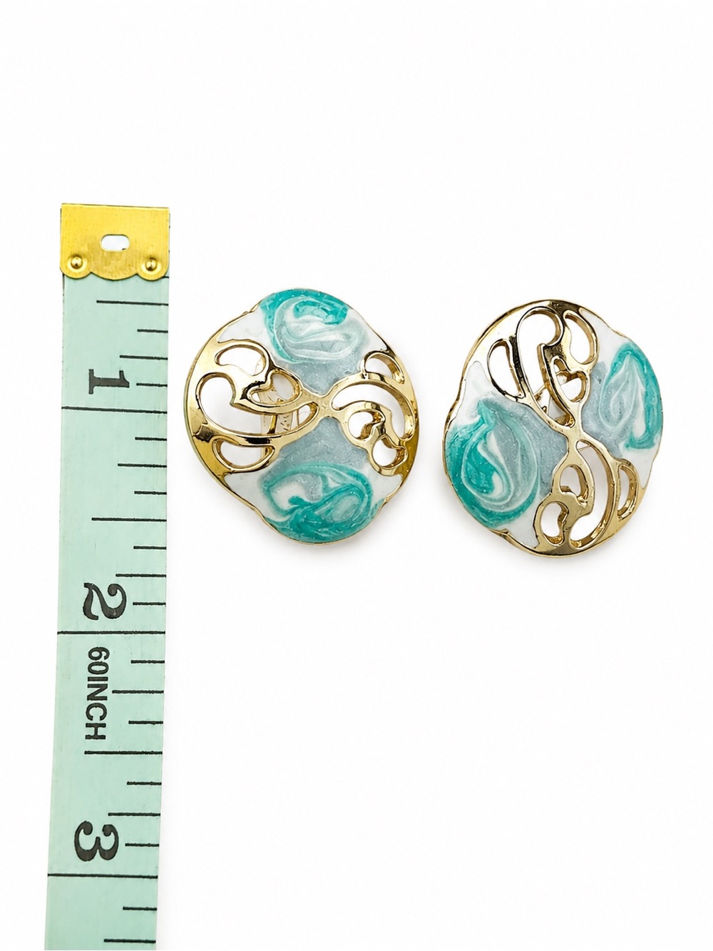 Vintage Gold Tone Teal Creme Enamel Swirl Clip On Earrings Statement Round - Picture 6 of 6
